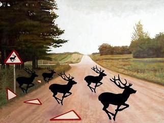 Steven Lynch: 'Escape the Rut', 2010 Oil Painting, Animals.  After spending too much of their lives trapped inside a red triangle going nowhere the stags finally puck up the courage to escape and roam free. . ...