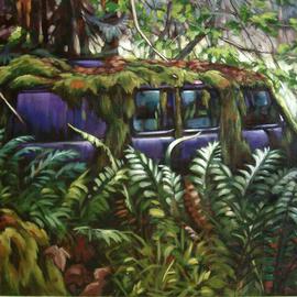 Suzan Marczak: 'Pacha Mama gets her groove on', 2012 Acrylic Painting, Zeitgeist. Artist Description:   the forces of nature take over a derelict vehicle, and the rainforest reclaims possession of its own.  ...