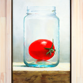 Mikhail Velavok: 'A Jar', 2018 Oil Painting, Still Life. Artist Description: Original oil painting on primed hardboard.  The artwork is being sold framed in natural light wood grain float frame 51x35,5cm.  Dimensions of artwork without the frame are 40x24,5cm.  It is wired and ready for hanging.  tomato, jar, object, still life, original oil painting, glass, transparent, red, ...