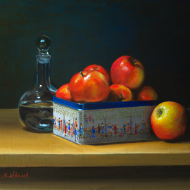 Mikhail Velavok: 'Apple Box', 2016 Oil Painting, Still Life. Artist Description:  apple, box, carafe, decanter, table, still life, red, yellow, dark...