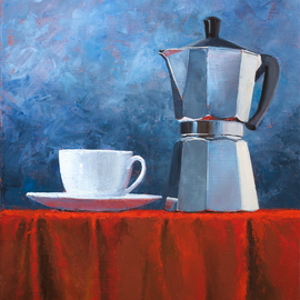 Mikhail Velavok: 'Moka ', 2017 Oil Painting, Still Life. Artist Description: Original oil painting on canvas. The work is being sold unframed.cup, white cup, coffee, coffeepot, bialetti, moka pot, moka, mokha, red, wrinkle, fold, fabric, red fabric, tablecloth, still life, roasted coffee, dark roasted coffee...