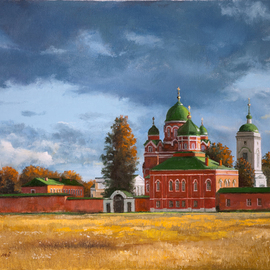 Mikhail Velavok: 'September', 2015 Oil Painting, Landscape. Artist Description:  Russia, monastery, cathedral, autumn, storm, cloud, field, yellow, red...