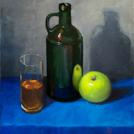 Mikhail Velavok: 'blue table', 2017 Oil Painting, Still Life. Artist Description: Original oil painting on canvas. The work is being sold unframed. The frame in the additional photo is an example only.apple, green apple, shadow, glass, bottle, bottle glass, green glass, dark, blue...