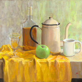 Mikhail Velavok: 'green apple', 2017 Oil Painting, Still Life. Artist Description: Original oil on canvas stretched on a wooden underframe. The artwork is being sold unframed. The frame in the additional photo is an example only.still life, apple, green apple, mug, cup, glass, wineglass, bottle, bottle glass, alcohol, coffeepot, coffee pot, wrinkle, fold, yellow, fabric...