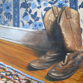 Steve Miller: 'Daddys Home', 2008 Oil Painting, Western. Artist Description:  Western Cowboy boots wooden floor  ...