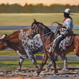 Steve Miller: 'The Red Bandana', 2011 Oil Painting, Western. Artist Description:    Western Fort Worth Stockyards Black cowboy longhorn cattle bull bandana horse steer  ...