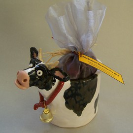 Suzanne Noll: 'Cow Potpourri Vase Item  V1079', 2011 Ceramic Sculpture, Animals. Artist Description:        Moooooo- ve over Cow lovers, this ceramic cow potpourri vase comes with a bag of Apple Cider Potpourri to be both a great for decoration as well as filling your or a friends home with a pleasant fragrance. I added a little bell to the cow's scarf ...