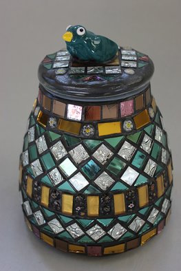 Suzanne Noll: ' Mosaic, Decorative Jar with Bird on Top Item 1156', 2012 Handbuilt Ceramics, Home.  I incorporated the Renaissance style when design this glass jar. I loved the way by boxes and mirrors turned out so I wanted to include a matching jar but add my style by including the bird on top. This is a decorative jar only that must be hand washed; not...