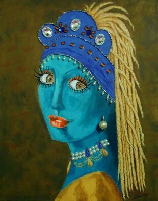 Jayne Somogy: 'bellydancer w a pearl earring', 2016 Mixed Media, Satire. Belly Dancer with a Pearl Earring- - My version of Vermeers classic painting, Girl with a Pearl Earring - - done as a belly dancer, by a belly dancer.  Loaded with Swarovski crystals, beads and pearls and, of course, a real pearl earring, all securely sewn onto the canvas.  Many tribal- style belly ...