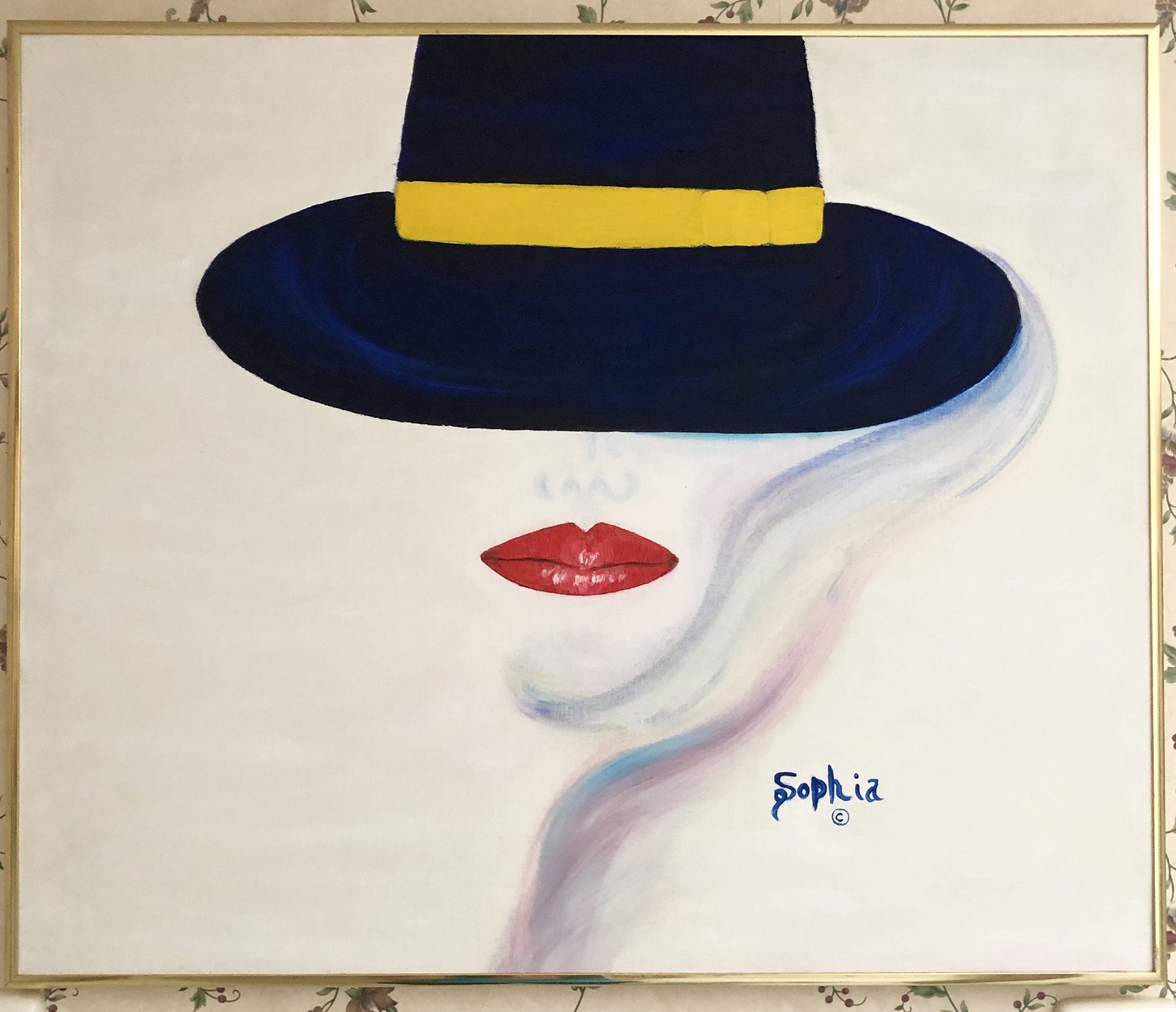 Sophia Stucki: 'Lady in Blue', 2020 Oil Painting, Abstract. Oil, Blue Hat, Red Lips, framed, silhouette...
