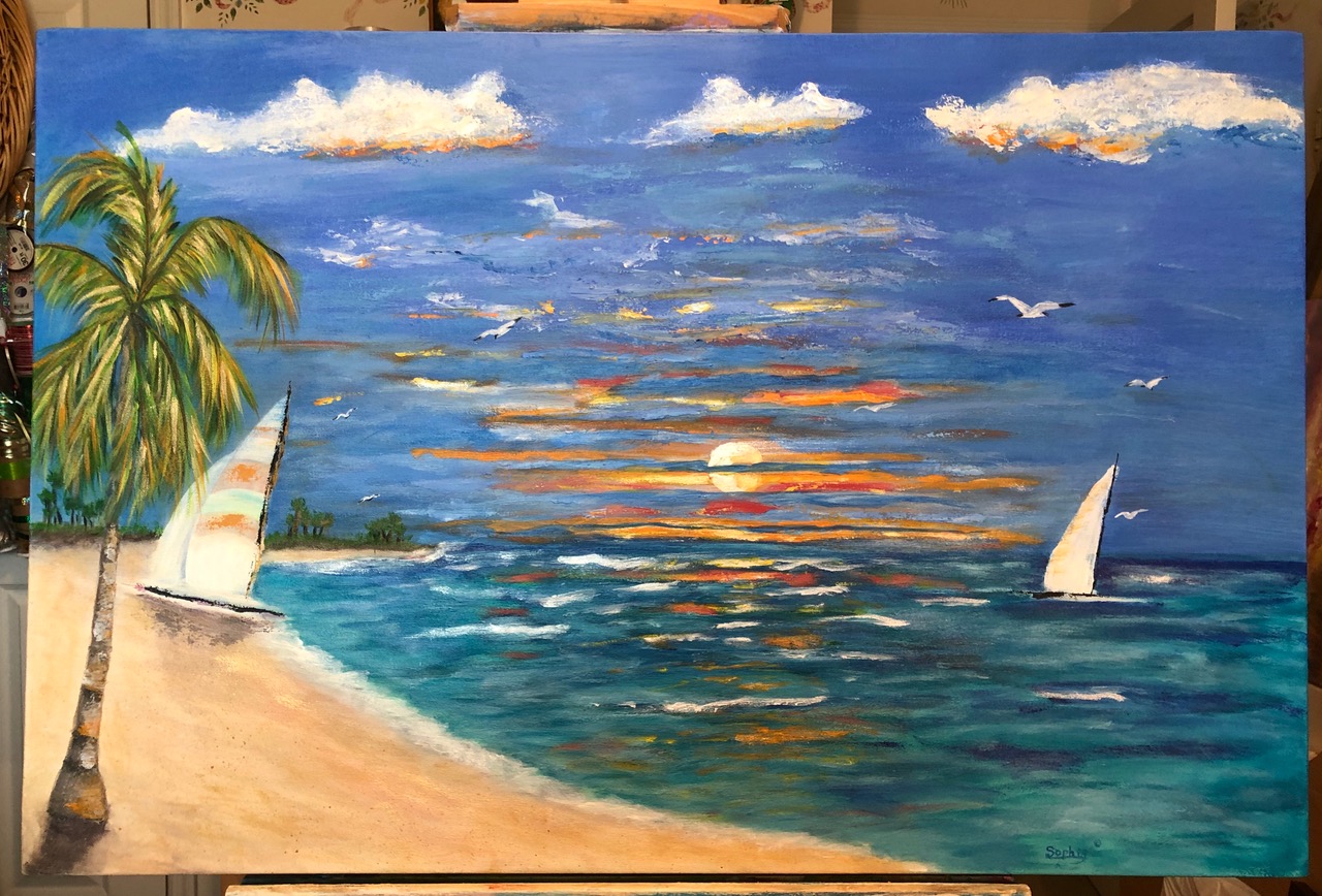 Sophia Stucki: 'sailboats ', 2020 Acrylic Painting, Beach.  24x36 Gallery canvas painting goes all the way around the edges so no framing is needed 1 12 deep pastel colors. .  origianl art by Sophia Stucki Jacksonville Florida...