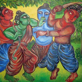 Shribas Adhikary: 'Battle through rhythm', 2015 Oil Painting, Figurative. Artist Description:   this painting realistic figurative The creation of original art to me. In this way the state would have been occupied by the hindu society through the war. Hindu mythology society. this is my abstract imagination. showed larger then the body shot in the face because facial expression showed ...
