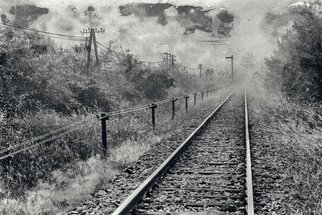 Tomislav Stajduhar: 'tracks', 2005 Other, Trains. Morning haze black and white manipulated photograph of a solitary country railroad tracks. ...