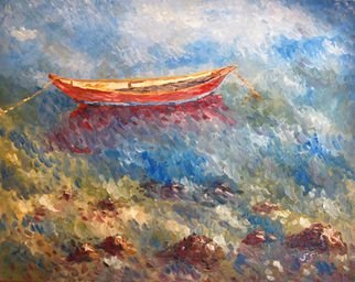 Steve Scarborough: 'Little red dinghy 3', 2015 Oil Painting, Beach.  Boat, impressionism, water ...