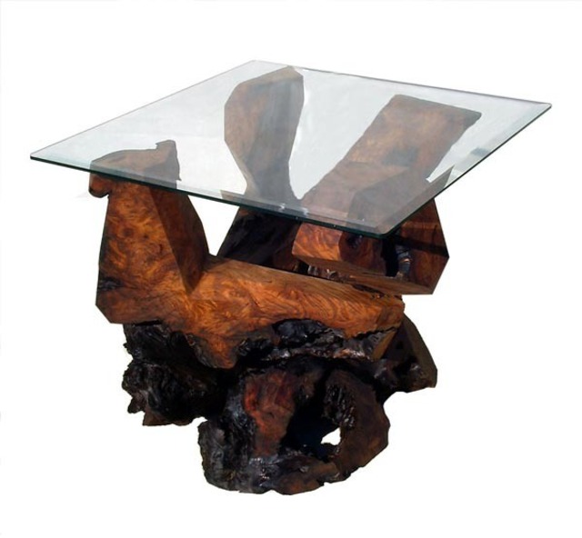 Daryl Stokes  'Sculptured Redwood Glass Top End Table', created in 2009, Original Sculpture Wood.