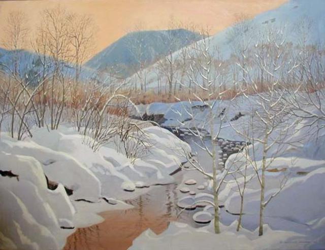 Artist Sue Jacobsen. 'Alpenglow At Gimlet Creek' Artwork Image, Created in 1989, Original Painting Acrylic. #art #artist