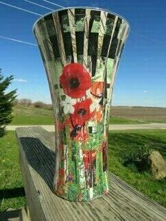 Sonja Tellison: 'poppies and monkeys', 2023 Mixed Media, Floral. This whimsical vase pairs poppies, monkeys and suggestion of fly agaric mushrooms.  Some portions have been given a distressed appearance, but the finish is glossy.  Paper on glass. ...