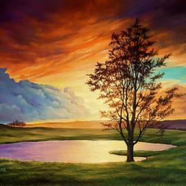 Svetoslav Stoyanov: 'piece of heaven', 2018 Oil Painting, Landscape. Artist Description: landscape, sunset, realism, fine art, original oil painting, blue clouds, orange sky, lake, tree...