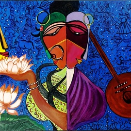 Rajni Ayapilla: 'radha krishna meera', 2018 Acrylic Painting, Abstract Figurative. Artist Description: One Radha, One Meera both love Krishna. One is the symbol of love and other one is spiritually in love which makes them even more beautiful.  Ek Prem Diwani, Ek daras Diwani  Remember this song. Beautifully sung. It actually reflects the love both had for Krishna. Meera s ...