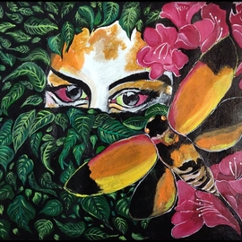 Rajni Ayapilla: 'seeing through those greens', 2018 Acrylic Painting, Abstract Figurative. Artist Description: Those beautiful eyes, which overcome me Those wonderful times, which they gave me, Those sharp dreamy eyes, which no one ever had  And those graceful moments that never turned bad. Whenever the wind blew, I gazed out, To see the autumn flowers lowering- To touch those wonderful grounds ...