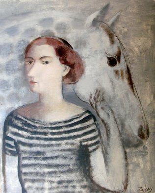 Stanislav Zvolsky: 'With friend', 2008 Oil Painting, Romance.   oil, painting, DSeagulls, the sea, a breakfast, the young girl, morning, portrait, with friend, Horse, love, Grey in apples, striped,   ...