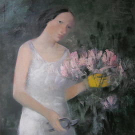 Stanislav Zvolsky: 'in a garden', 2008 Oil Painting, Figurative. Artist Description: oil, painting, In a garden, a yellow glove, a garden, flowers, the gardener, green, portrait,  ...