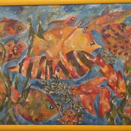 Tamara Black: 'fishes', 2014 Oil Painting, Fish. Artist Description: Aqua, FishesSignedFramedFrame Color: Yellow...