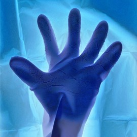 Tamarra Tamarra: 'RUBBER HAND', 2018 Photography, Abstract. Artist Description: Color abstract photograph of a hand in a rubber glove.  Human, hand, blue, rubber glove...