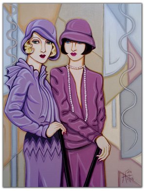 Tara Hutton: 'Violet and Rose', 2016 Acrylic Painting, Figurative.  flappers, portrait, figurative, 1920s, art deco, geometric, pastel, violet, rose, gray, beige, taupe, mauve, two women, cloche hats, chemise dresses, bobbed hair, bee stung lips, glamour, feminine, woman cave, ...