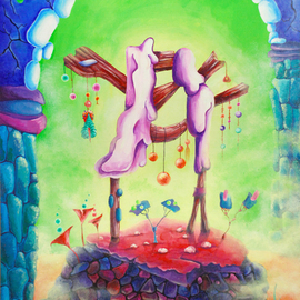 Viktoria Zhornik: 'Fountainhead', 2012 Acrylic Painting, Surrealism. Artist Description:  arch, water, stones, fountain, landscape, ponds, springs, ruins, wall, mist, morning, flowers, balloons  ...