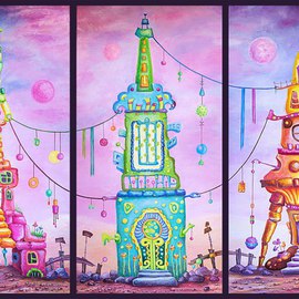 Viktoria Zhornik: 'Towers Triptych', 2014 Oil Painting, Surrealism. Artist Description:  architecture, landscape, tower, fantasy, space, sky, mountains, triptych, colorful, surreal, home, bright ...