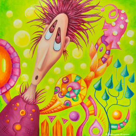 Viktoria Zhornik: 'Wonder', 2015 Oil Painting, People. Artist Description:   eyes and mushrooms, portrait, man, humor, bright, positive, flowers, ornamental, pattern, painted  ...