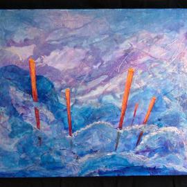 Tary Socha: 'Five Poles', 2005 Acrylic Painting, Abstract. Artist Description: An impression of angular boyant poles in contrast with fluidity and movement of ocean waves....