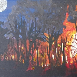 Tashalyn Alix: 'an announcement in flames', 2020 Acrylic Painting, Landscape. Artist Description: This artwork is inspired by the poem  PregA3n en llamas  by puertorrican poet, Carmelina Vizcarrondo. This poem takes place in the 30 s in Puerto Rico when sugar mills still existed. The burning of the sugar canes meant that  el tiempo muerto  has started, this signifies that ...