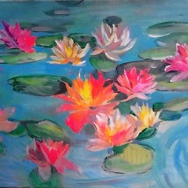 Tatiana Tarasova: 'vivid colors', 2018 Oil Painting, Floral. Artist Description: decorative, flowers, water lilies, vibrant...