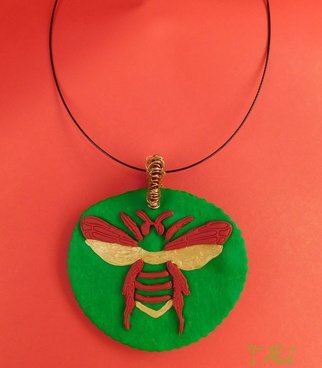 Tatjana Alic: 'handmade necklace', 2019 Jewelry, Animals. Necklace:- green pendant with red gold design  bee - choker, black - colored...