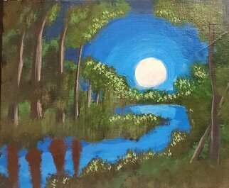 Sean Mahoney: 'moonlight serenity', 2023 Acrylic Painting, Landscape. This painting is an escape to a place of total inner peace and contentment. The limited color pallet of just blue and green, with hints of brown on a dark background creates a calming effect on the viewer. ...