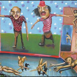 Terry Matarelli: 'watch out for the trolls', 2007 Oil Painting, Abstract Figurative. Artist Description:  middle aged male bonding through advice ...