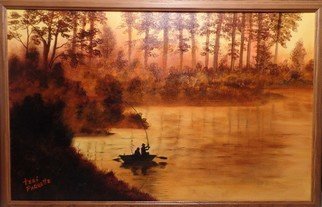 Teri Paquette: 'early morning fishing', 2020 Oil Painting, Landscape. DRIVING EARLY ONE MORNING- WE CAME UPON THIS SIGHT OF MEN FISHING- THE MORNING DEW WAS STILL ON AL THE FOLIAGE- IT WAS GLISTENING AND STRIKING TO SEE- FRAMED- PAINTED ON STRETCHED CANVAS- SIGNED...