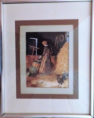 Teri Paquette: 'gathering eggs', 2020 Watercolor, Americana. ORIGINAL WATERCOLOR FEATURES A LADY GATHERING EGGS IN BARN- WITH HAY- CHICKEN- TOOLS- UNDER GLASS- QUALITY SILVER FRAMED- SIGNED...