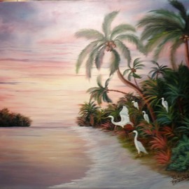 Teri Paquette: 'herons roosting', 2020 Oil Painting, Seascape. Artist Description: WHILE IN FLORIDA- THIS WAS A USUAL EVENING SCENE- HERONS READY FOR NIGHT TIME- PAINTED ON STRETCHED CANVAS...