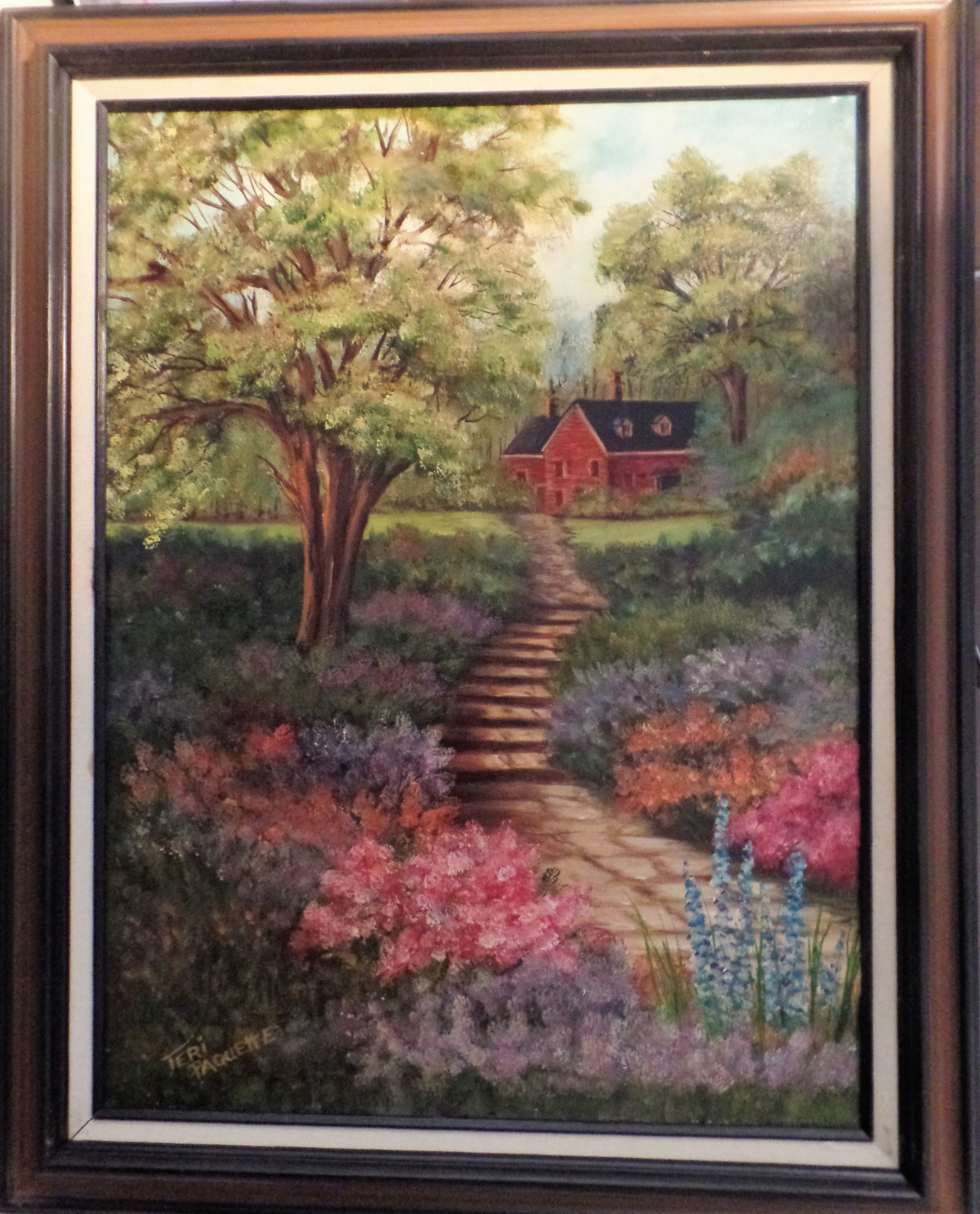 Teri Paquette: 'home garden', 2020 Oil Painting, Landscape. ORIGINAL OIL FEATURES A PATH TO HOME WITH FLOWERS- TREES- HOME IN BACKGROUND- SIGNED- FRAMED- - VARNISHED...