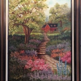 Teri Paquette: 'home garden', 2020 Oil Painting, Landscape. Artist Description: ORIGINAL OIL FEATURES A PATH TO HOME WITH FLOWERS- TREES- HOME IN BACKGROUND- SIGNED- FRAMED- - VARNISHED...