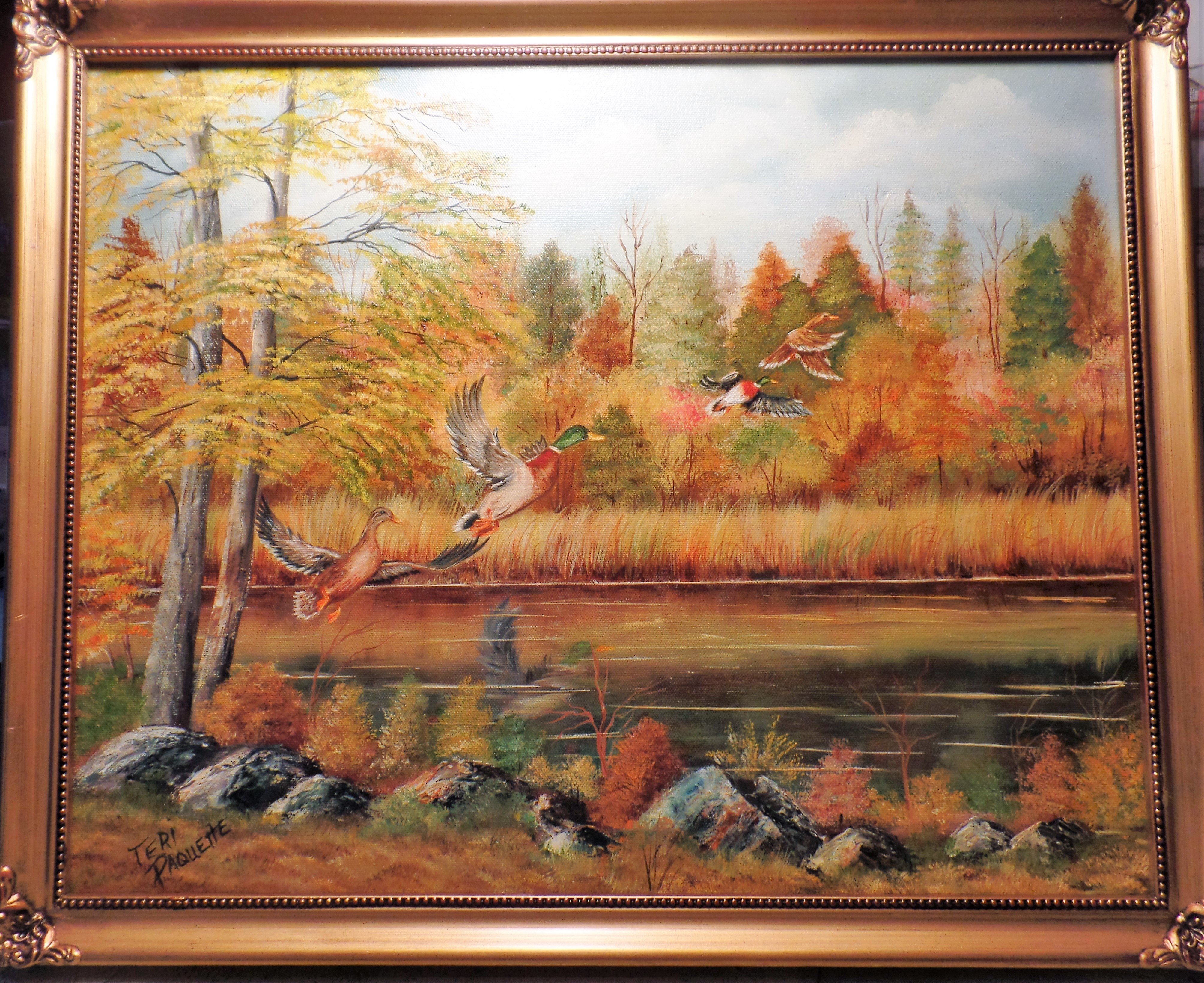 Teri Paquette: 'mallards in flight', 2019 Oil Painting, Landscape. I OFTEN TAKE LONG WALKS AND THIS SIGHT WAS A WELCOME SIGHT- IT IS AN ORIGINAL OIL PAINTING IN A ORNATE GOLD FRAME- SIGNED...