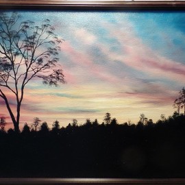 Teri Paquette: 'sunset to remember', 2020 Oil Painting, Landscape. Artist Description: AN ORIGINAL SUNSET WITH COLORFUL SKY- MANY TREES AND FOLIAGE- BLACK FRAME...