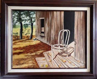 Teri Paquette: 'the lonely chair', 2020 Oil Painting, Still Life. ACTUAL SETTING IN THE WEST- A THREE LEGGED CHAIR  MUST HAVE MANY STORIES TO TELL- IN OLD CABIN- IN WIDE FRAME...