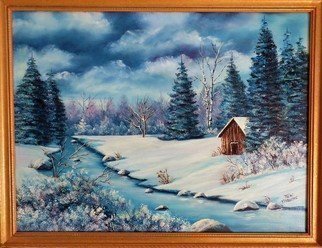 Teri Paquette: 'winter blues', 2017 Oil Painting, Landscape. ORIGINAL OIL PAINTING OF A CABIN- WINTER SCENE- RIVER- TREES- SIGNED...