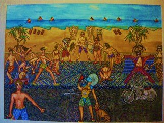 Theodore Kennett Raj: 'life on the corso', 2009 Other Painting, Humor.  this is a narrative which describes a futaristic view on the life around a beach where you cant swim unless you are a merman or a maid. ...