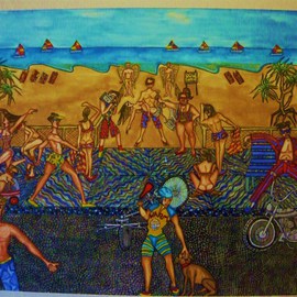 Theodore Kennett Raj: 'life on the corso', 2009 Other Painting, Humor. Artist Description:  this is a narrative which describes a futaristic view on the life around a beach where you cant swim unless you are a merman or a maid. ...