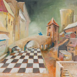 Thierry Merget: 'Le cavalier bleu 1', 2015 Acrylic Painting, Surrealism. Artist Description:   bridge, castle, chess, checkerboard, blue horsemen, tower, chemineesur bois, revolution, grafiti,    ...